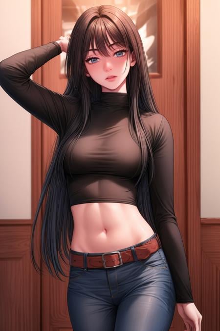 (masterpiece, best quality),<lora:Kang Yuna-lora-Faxtron:0.8> kang yuna, blueish-gray eyes, black hair, long hair, medium breasts, navel, belt, black turtleneck,  long sleeves, blue jeans, brown boots,<lora:add_detail:1> 