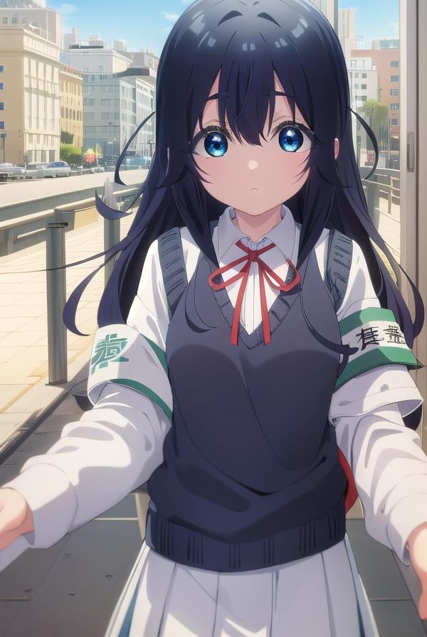 shizukayoshimoto, <lora:shizuka yoshimoto s1-lora-nochekaiser:1>,shizuka yoshimoto, long hair, bangs, blue eyes, black hair, hair between eyes, wavy hair,BREAK skirt, shirt, ribbon, school uniform, white shirt, pleated skirt, red ribbon, neck ribbon, armband, sweater vest,BREAK indoors, classroom,BREAK looking at viewer, (cowboy shot:1.5),BREAK <lyco:GoodHands-beta2:1>, (masterpiece:1.2), best quality, high resolution, unity 8k wallpaper, (illustration:0.8), (beautiful detailed eyes:1.6), extremely detailed face, perfect lighting, extremely detailed CG, (perfect hands, perfect anatomy),