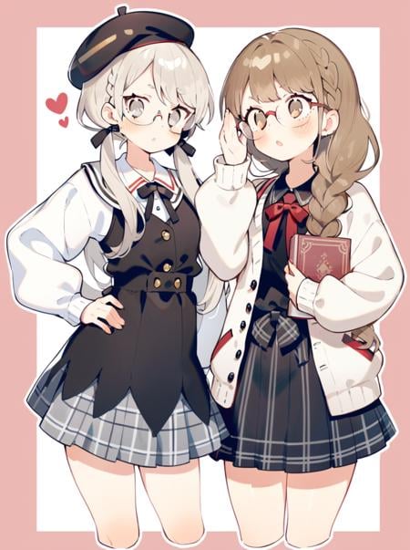 masterpiece, best quality, <lora:style28-xl-a3.1:1>,multiple girls, long hair, 2girls, yellow-framed eyewear, shirt, brown eyes, twintails, , skirt, hat, low twintails, very long hair, holding, long sleeves, pleated skirt, white shirt, beret, glasses, grey hair, bangs, puffy sleeves, ribbon, plaid, black ribbon, bow, hand on hip, adjusting eyewear, collared shirt, black headwear, hair ribbon, dress, brown hair, puffy long sleeves, black skirt, arm up, brown-framed eyewear, dress shirt, cropped legs, parted lips, closed mouth, hair over shoulder, holding book, blush, grey skirt, book, heart, pink-framed eyewear, braid, red bow, plaid skirt, black shirt, tinted eyewear, collared dress, morikubo nono, grey eyes, grey-framed eyewear, sleeves past wrists, white jacket, white-framed eyewear, hand on eyewear, red-framed eyewear, bespectacled, object hug, cardigan, black dress, white hair, open mouth, semi-rimless eyewear