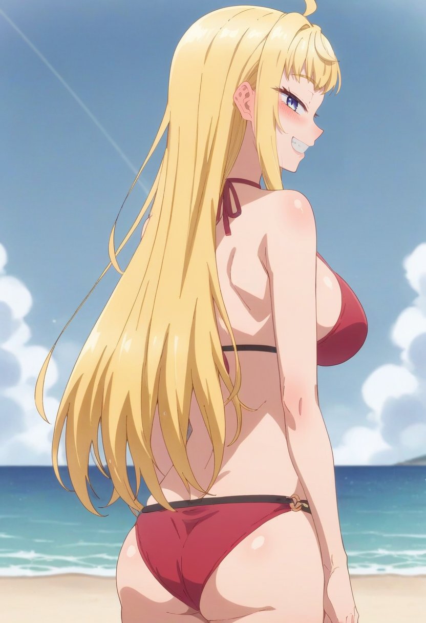 <lora:Fuyuki Minami:1> minami fuyuki,  long_hair, blue_eyes, bangs, blonde_hair, ahoge, 1 girl, solo, blush, large_breasts,smile, red bikini, beach, from behind, looking back, grin, score_9, score_8_up, score_7_up, score_6_up, score_5_up, score_4_up ,BREAK source_anime, anime