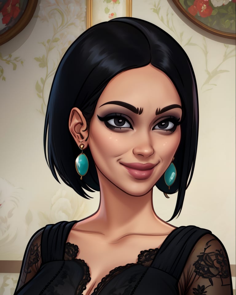 1girl,black eyes,black hair,smile,black dress,earrings,standing,upper body,(insanely detailed, beautiful detailed face, masterpiece, best quality) solo,<lora:DarkCookie:0.8>,