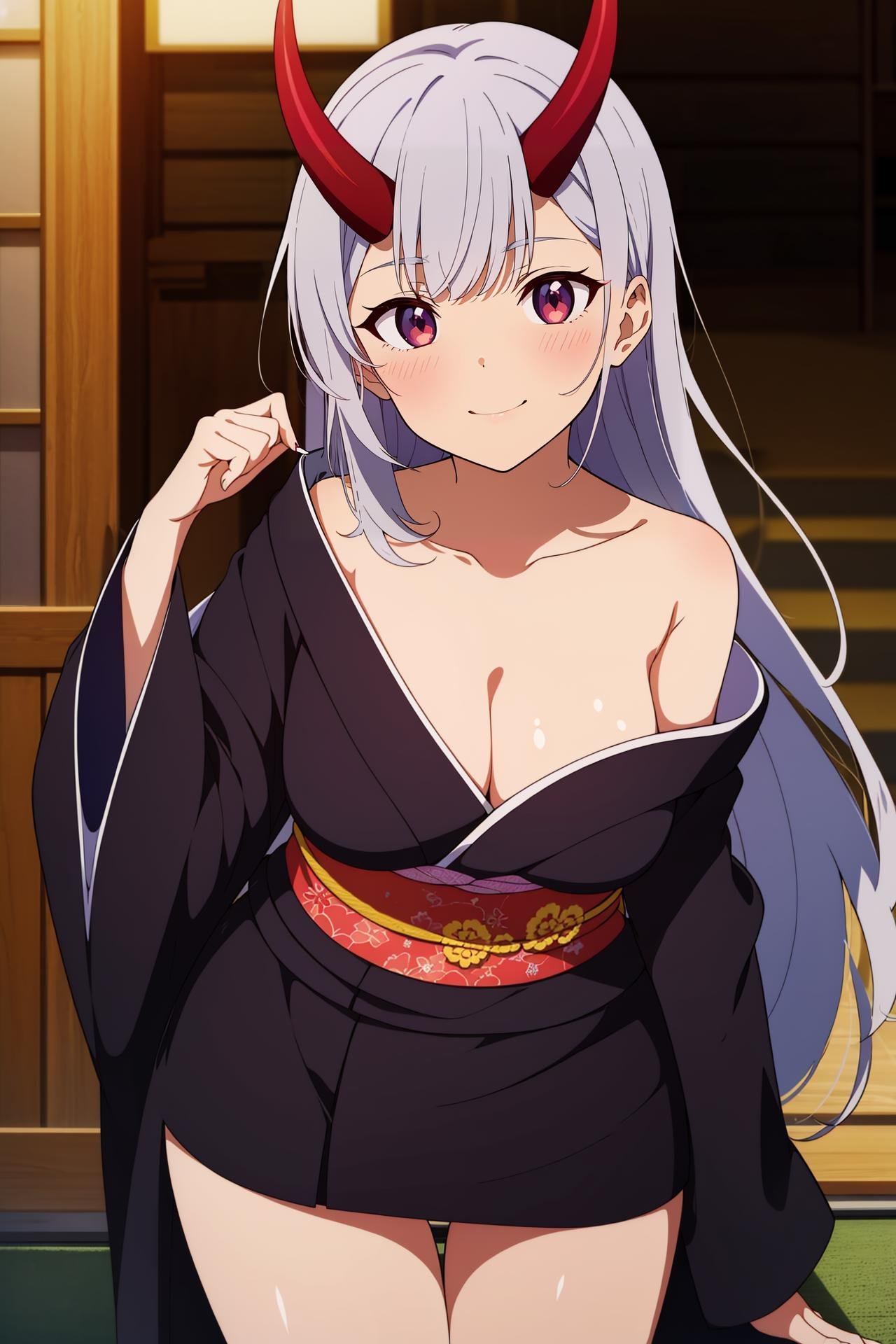 1girl,long_hair,smile,blush,sunny,kimono,(masterpiece,detailed,highres:1.4),1girl, bangs, bare_shoulders, breasts, cleavage, collarbone, japanese_clothes, leaning_forward, long_hair, looking_at_viewer, medium_breasts, off_shoulder, oni, oni_horns, parted_lips, red_kimono, silver_hair, solo, thigh_gap, anime_coloring,anime_keyvisual, colorful,vivid<lora:envybetterhandsLocon_beta2:1>