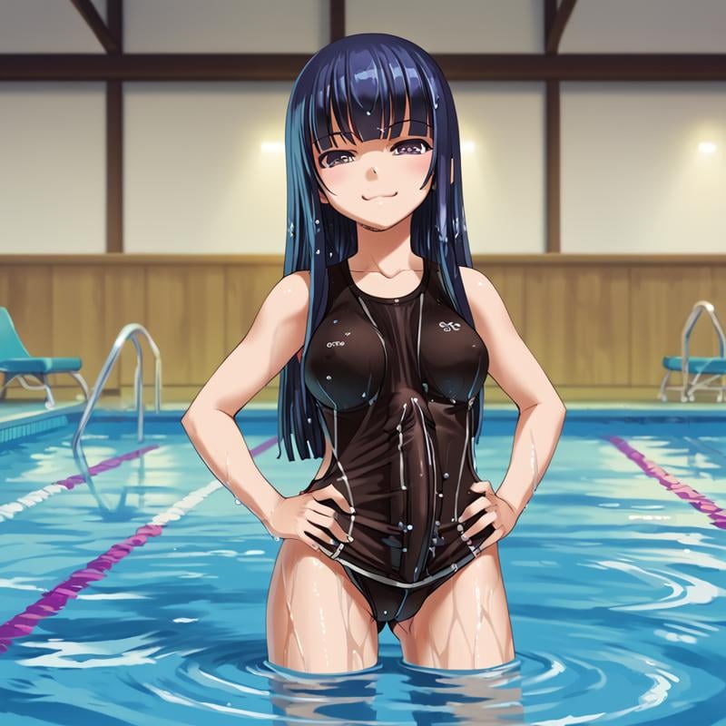 score_9, score_8, score_7, masterpiece, BREAK,sumika_oohashi, solo, black competition swimsuit, futa, futanari, ereciton under sweatervest,  erection under clothes, smug, standing,  hands on hips, pool, wet clothes, wet skin, partially submerged,  <lora:Sumika_oohashi_low_DIM:1>