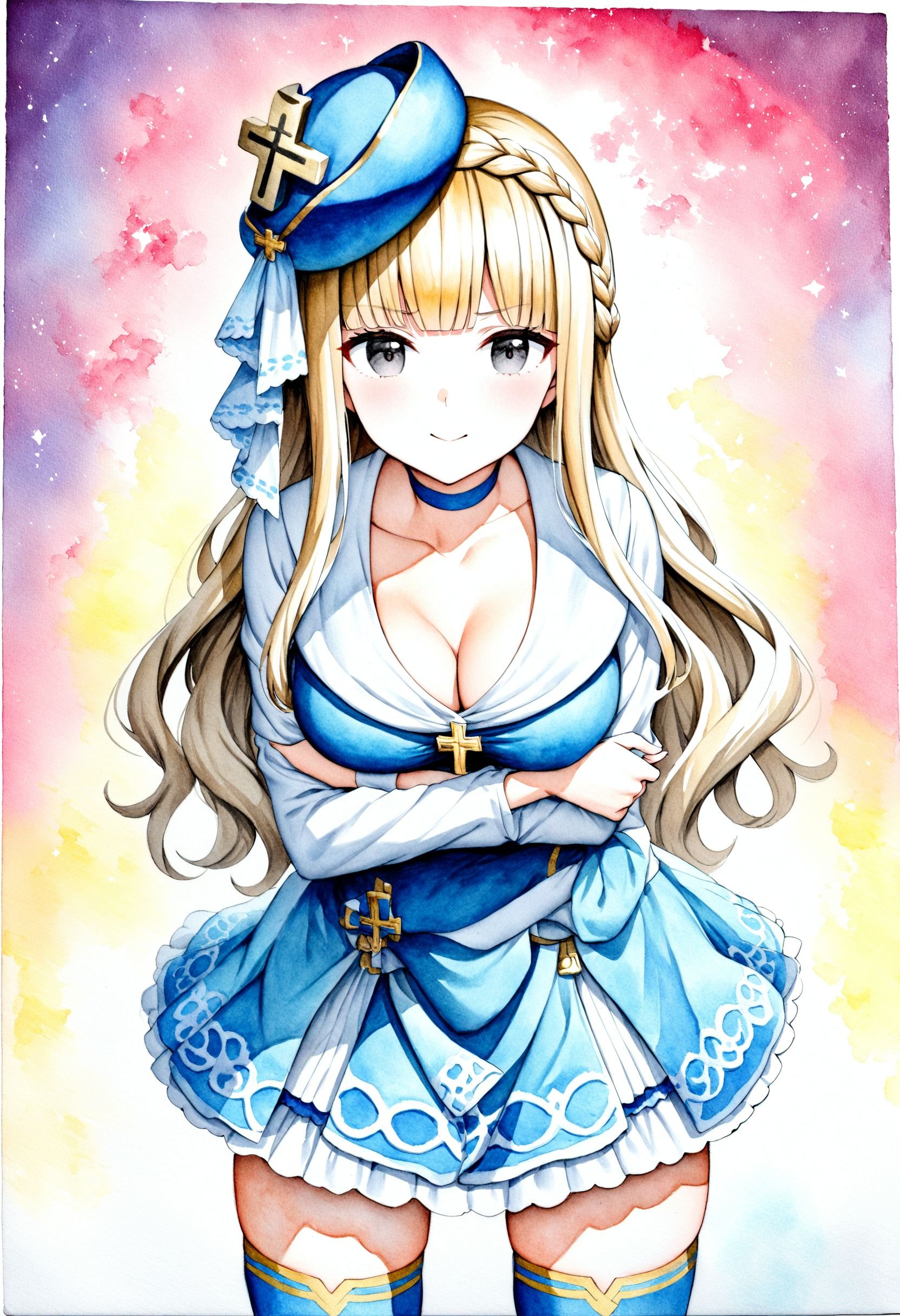 1girl,    zettai ryouiki, looking to the side, smile, crown braid, blue dress, traditional media, breasts, dress, painting \(medium\), blunt bangs, choker, blue thighhighs, watercolor \(medium\), blonde hair, white background, greek cross, solo, straight-on, wavy hair, light frown, medium breasts, legs apart, closed mouth, thighhighs, crossed arms, cross, short dress, blue choker, collarbone, simple background, cleavage, long hair, sidelocks, long sleeves, black eyes, cowboy shot, arms under breasts, blue headwear, braid, masterpiece, best quality, absurdres, safe