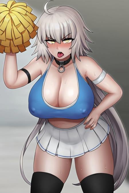 score_9, score_8_up, score_7_up, score_6_up, BREAK <lora:nowak0630_1536px-sdxl-000009:1>, BREAK jeanne d'arc alter \(fate\), 1girl, solo, silver very long hair, huge breasts, looking at viewer, blush, open mouth, bangs, black pleated miniskirt, black thighhighs, cleavage, hair between eyes, bare shoulders, collarbone, yellow eyes, v-shaped eyebrows, ahoge, sweat, tongue, black collar, covered nipples, puffy nipples under clothes, leaning forward, hands on hips, cheerleader, pom pom \(cheerleading\), holding pom poms, arm strap, blue crop top