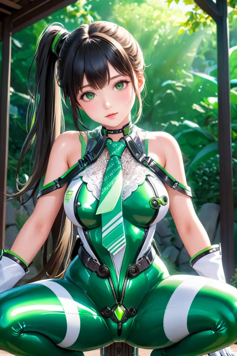 1girl,solo,full body,ruanyi0530,android,bare shoulders,belt,black choker,bodysuit,mechanical parts,zipper,green necktie,sleeveless,white gloves,18 years old Korean girl,green necktie,ponytail,very long hair,see-through,green bodysuit,squatting cowgirl position,spread legs,arms up,,outdoors,<lora:0530 Stellar Blade Battle Suit_3_xl_v1:0.9>, (masterpiece, top quality, best quality,beautiful,ultra detail:1.3,perfect lighting,beautiful eyes),(extremely detailed,highest detailed, absurdres , highres,intricate),(young girl),, (official art), (((extremely detailed and beautiful background))), ((Ultra-precise depiction)), ((Ultra-detailed depiction)), (aesthetic),