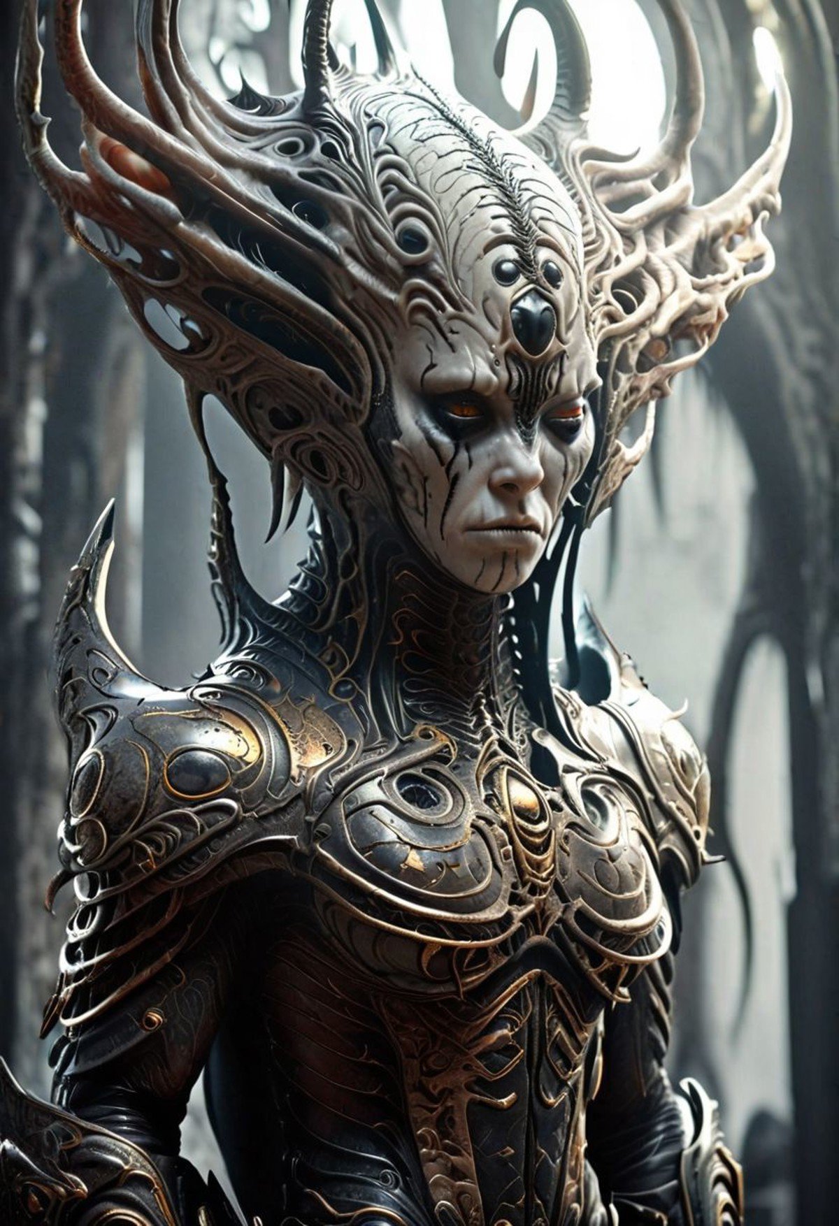 A close up portrait of an alien warrior with horns, grey skin and black eyes, wearing intricate armor, dark fantasy, gloomy, gloomcore, raw photo, symmetrical