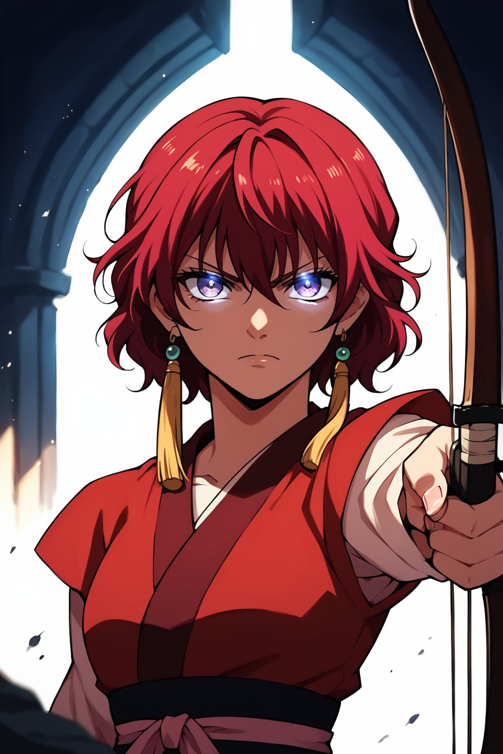 score_9, score_8_up, score_7_up, score_6_up, score_5_up, score_4_up, BREAK 2d, traditional media, beautiful, anime visual, ultra-detailed upper body, 1girl, yona1, shaded face, archery, aiming at viewer, glowing eyes, glaring, holding bow_(weapon),tanling ruqun, banbi, purple eyes, tassel hair ornament, (avatar icon), cinematic, beautiful, standing, nail polish, shiny, black background, lowkey, dark, captivating, portrait, red hair, dramatic scene, (stylish), 800mm lens, sharp focus, deep depth of field, volumetric lighting, more detail XL,blurry background, particles, dramatic lighting, fantasy, volumetric<lora:EMS-61413-EMS:0.300000>, <lora:EMS-401795-EMS:0.800000>