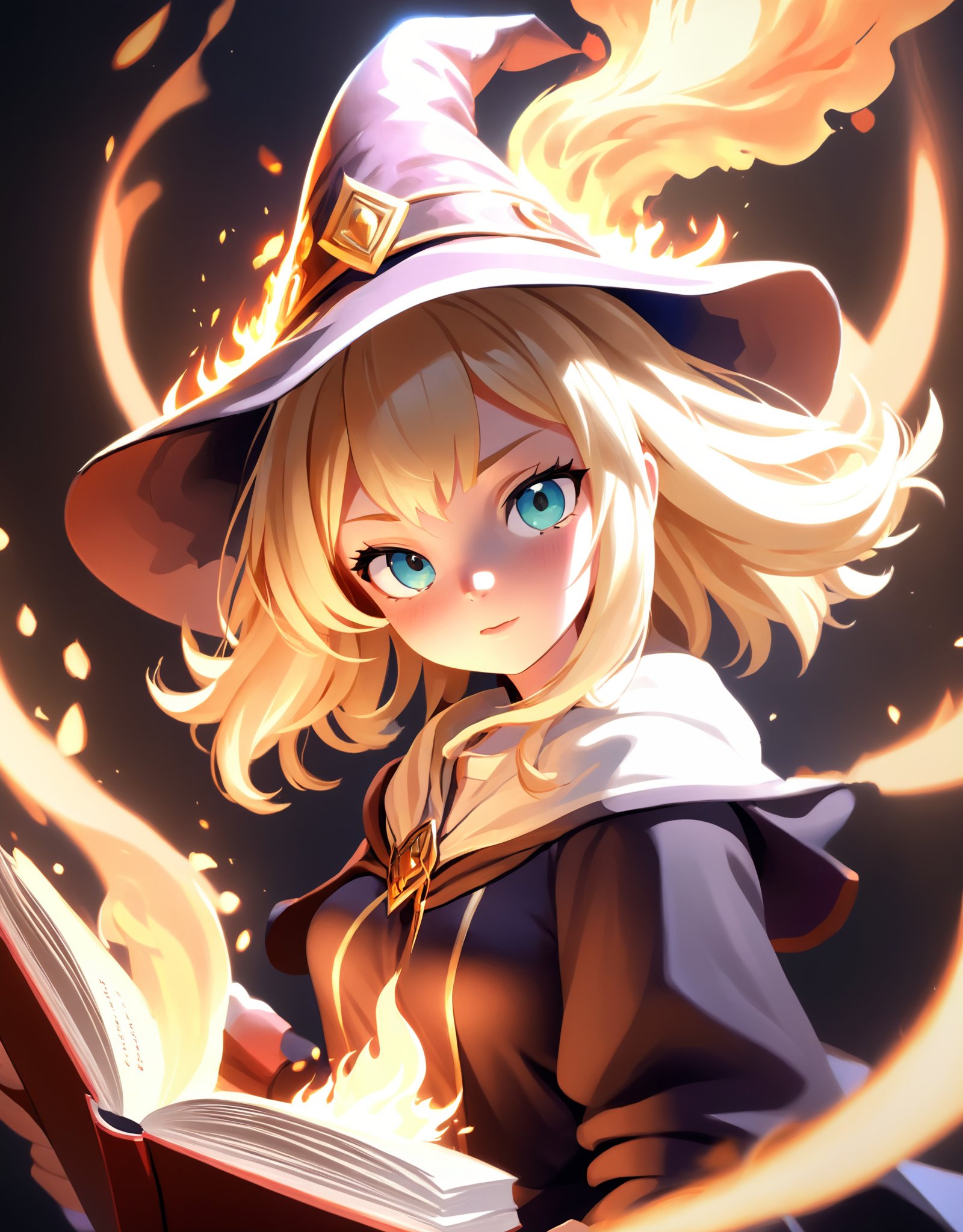 blonde 1 girl,{{Floating Fire Magic Spell and a burst of flam}},book,wizard hat,looking at viewer,close-up, cowboy shot,cinematic lighting, volume lighting, light particlestachie,dynamic angle ,ray tracing,, best quality, amazing quality, very aesthetic, absurdres