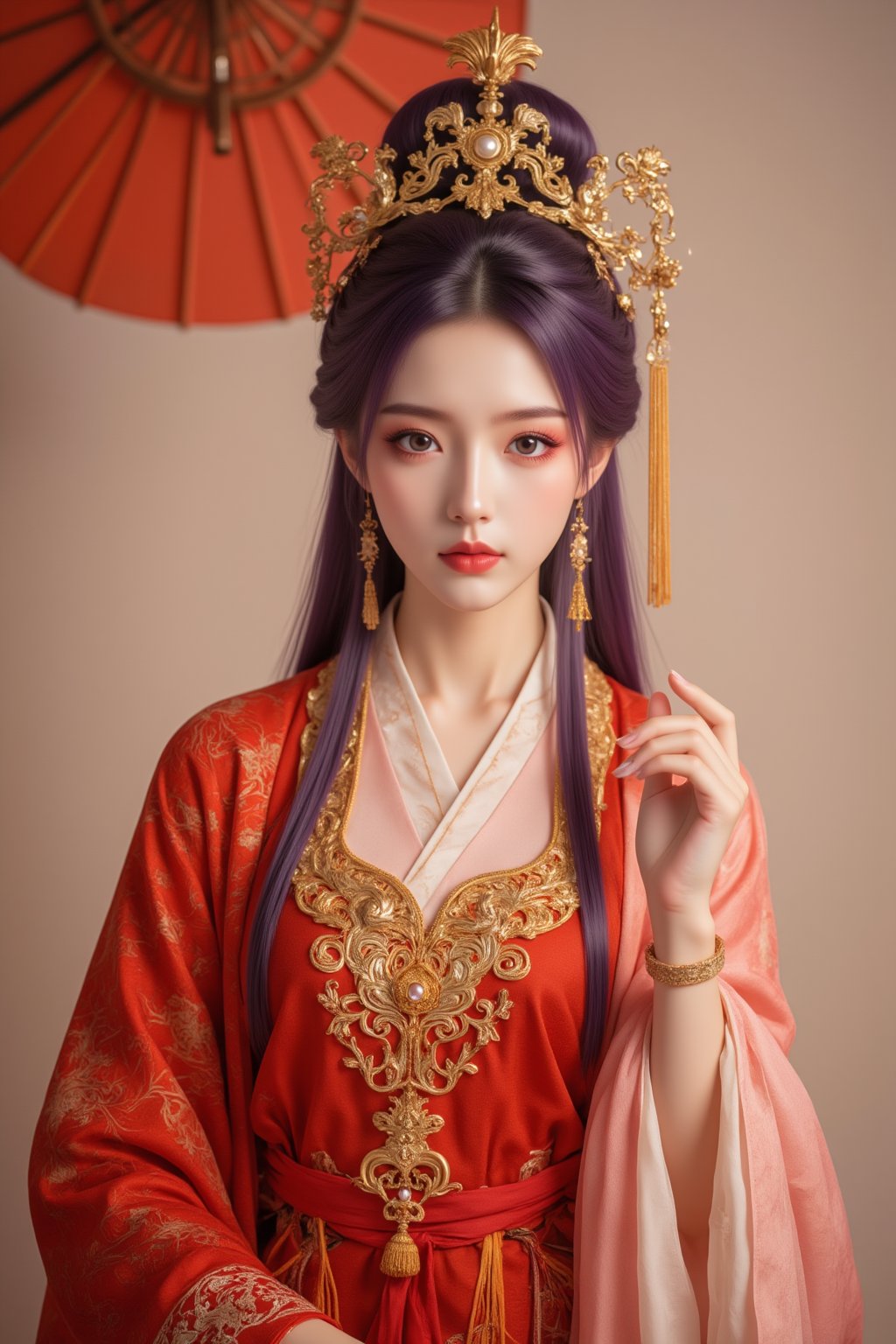 1girl, traditional chinese art style, elegant woman in ancient chinese attire, tang dynasty, intricate gold embroidery on red and pink hanfu, ornate golden headdress, long purple hair, delicate makeup, serene expression, soft lighting, red paper umbrella in the background, rich cultural heritage, poised and graceful demeanor.<lora:天穹长老2.0:0.8>