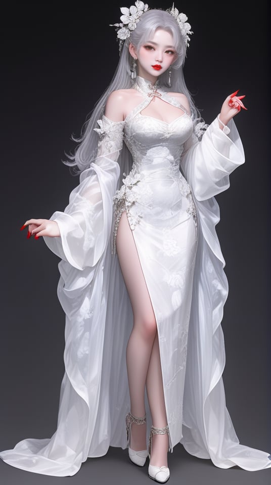 (best quality), ((masterpiece)), (highres), illustration, original, extremely detailed,   <lora:武侠与剑仙:0.7>1girl, solo, dress, long hair, jewelry, white dress, earrings, full body, hair flower, detached sleeves, breasts, looking at viewer, flower, clothing cutout, red lips, hair ornament, side slit, chinese clothes, grey eyes, bangs, black background, simple background, white footwear, hand on hip, grey background, china dress, grey hair, cleavage cutout, bare shoulders, standing, white flower, high heels, cleavage, medium breasts, nail polish, red nails, wide sleeves, long sleeves, lips