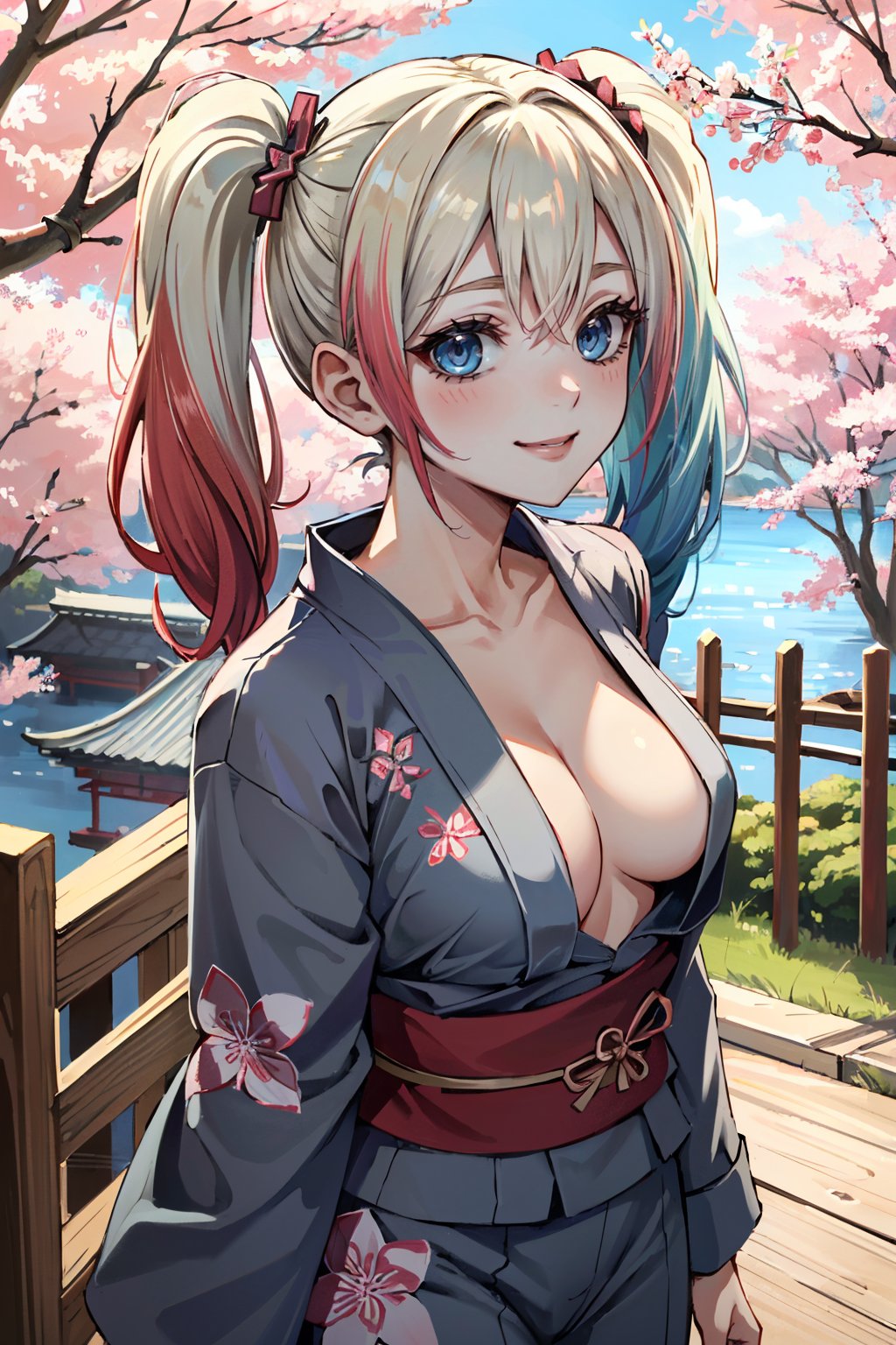 ((ultra detailed, masterpiece, absurdres)) <lora:I2HQuinn:0.8>I2HQuinn, 1girl, twintails, multicolored hair, blonde hair, blue eyes, smile, yukata, japan, cherry blossoms, hair ornament