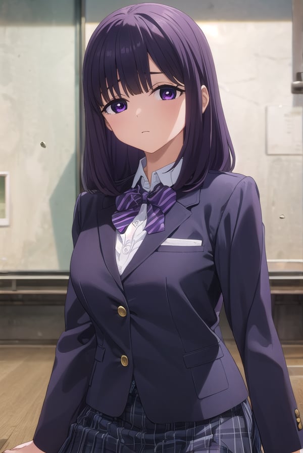 rionashijou, <lora:riona shijou s1-lora-nochekaiser:1>,riona shijou, bangs, purple hair, (purple eyes:1.1), medium hair,BREAK skirt, long sleeves, school uniform, jacket, socks, black skirt, two side up, black jacket, kneehighs, blazer, black socks, bow, bowtie, stripped, stripped bowtie,BREAK indoors, classroom,BREAK looking at viewer, (cowboy shot:1.5),BREAK <lyco:GoodHands-beta2:1>, (masterpiece:1.2), best quality, high resolution, unity 8k wallpaper, (illustration:0.8), (beautiful detailed eyes:1.6), extremely detailed face, perfect lighting, extremely detailed CG, (perfect hands, perfect anatomy),