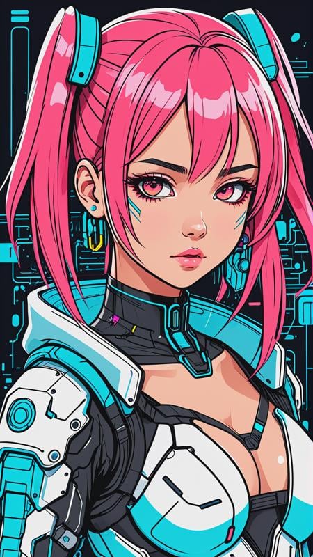 anime line art, an girl, kawaii, cyberpunk,  ink paint line art, vector art, thick lines, bold lines, technical drawing, (line art:1.4), minimalist, colorful, masterpiece, sharp focus, high resolution,