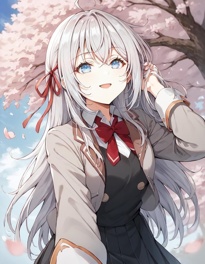 score_9, score_8_up, score_7_up, source_anime,1girl, solo, outdoors, cherry blossoms, leaning forward, one hand on hair, from below, light smile, (open mouth:0.7),alya, long hair, silver hair, ahoge, crossed bangs, hair ribbon, red ribbon, sidelocks, blue eyes,school uniform, grey jacket, open jacket, long sleeves, red bow, white shirt, collared shirt, black vest,<lora:alya_anime_v2-soralz:1>