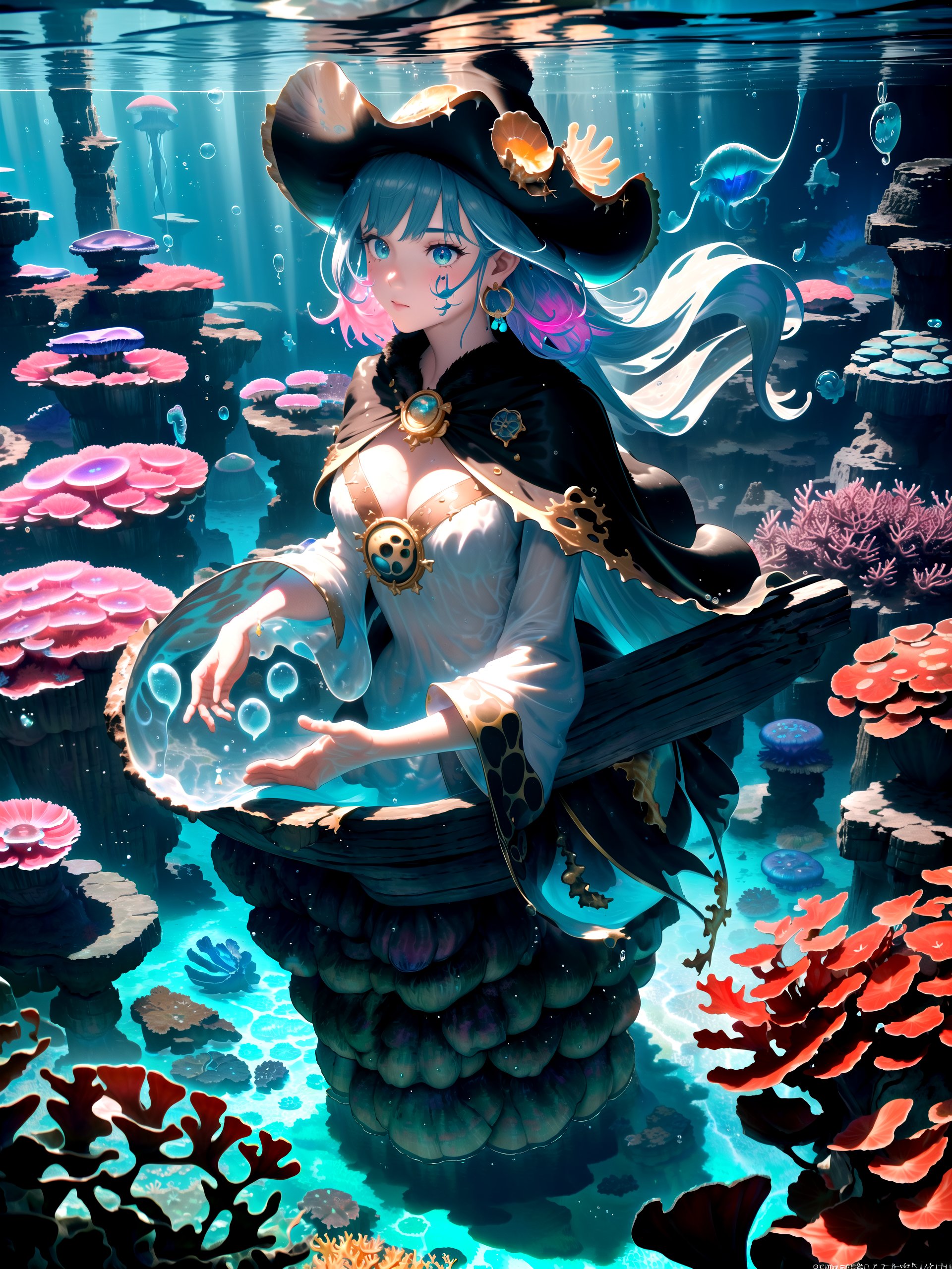 1girl, colossal, facial mark, light particles, depth of field, dark seas, water, underwater, sea foliage foreground, colorful, underwater cave, dripstone, stalactite, stalagmite, pirate hat, buccaneer, fur-trimmed cape, hoop earrings, corals, sea anemone, sea weed, coral reef scenery, golden treasure, golden pile, water caustics, glowing jellyfish, bubbles, treasure chest, from above, close-up,