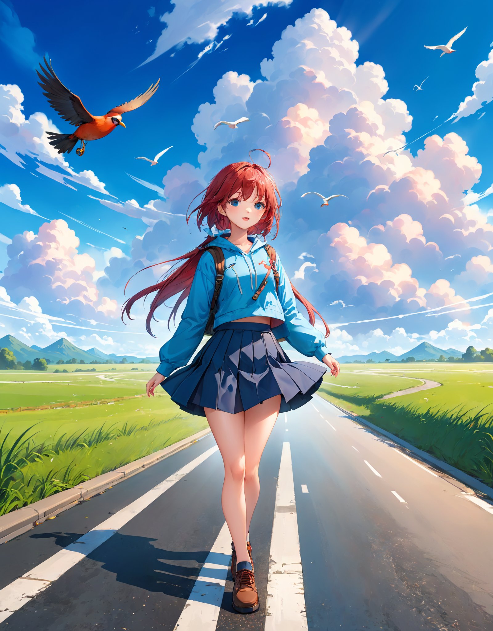 highres,best quality,detailed background, bird, blue sky, cloud, cloudy sky, day, grass, outdoors, road, scenery, skirt, sky