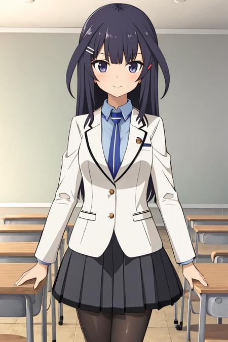 agatsuma kaede, seidaifuzoku school uniform, school uniform, blue shirt, white jacket, pleated skirt, black skirt, black pantyhose, black legwear, hair ornament, blue necktie, hairclip, long sleeves, classroom, smile, 1girl <lora:agatsuma_kaede_locon_v1:0.7>