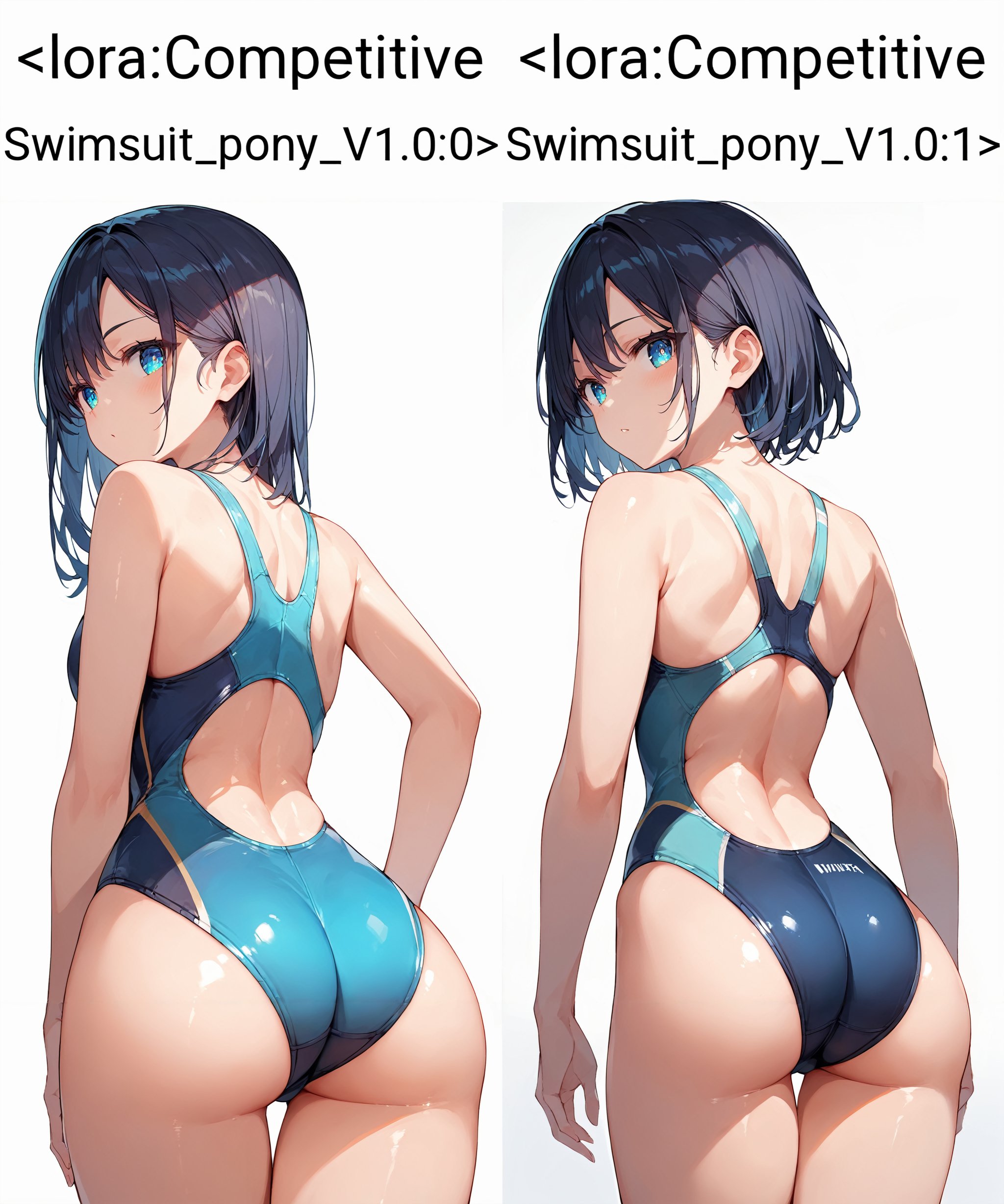 score_9, score_8_up, score_7_up,source_anime, high res image,masterpiece,best quality,girl,cute face,clear skin,shiny hair,ultra detailed eyes,simple background,  <lora:Competitive Swimsuit_pony_V1.0:0> competitive swimsuit,from behind,ass,