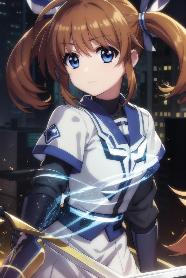 nanohatakamachi, <lora:nanoha takamachi movie2-lora-nochekaiser:1>,nanoha takamachi, takamachi nanoha, brown hair, twintails, blue eyes,BREAK gloves, long sleeves, wings, fingerless gloves, magical girl, winged footwear,BREAK outdoors, city, night, starry sky,BREAK looking at viewer, (cowboy shot:1.5),BREAK <lyco:GoodHands-beta2:1>, (masterpiece:1.2), best quality, high resolution, unity 8k wallpaper, (illustration:0.8), (beautiful detailed eyes:1.6), extremely detailed face, perfect lighting, extremely detailed CG, (perfect hands, perfect anatomy),