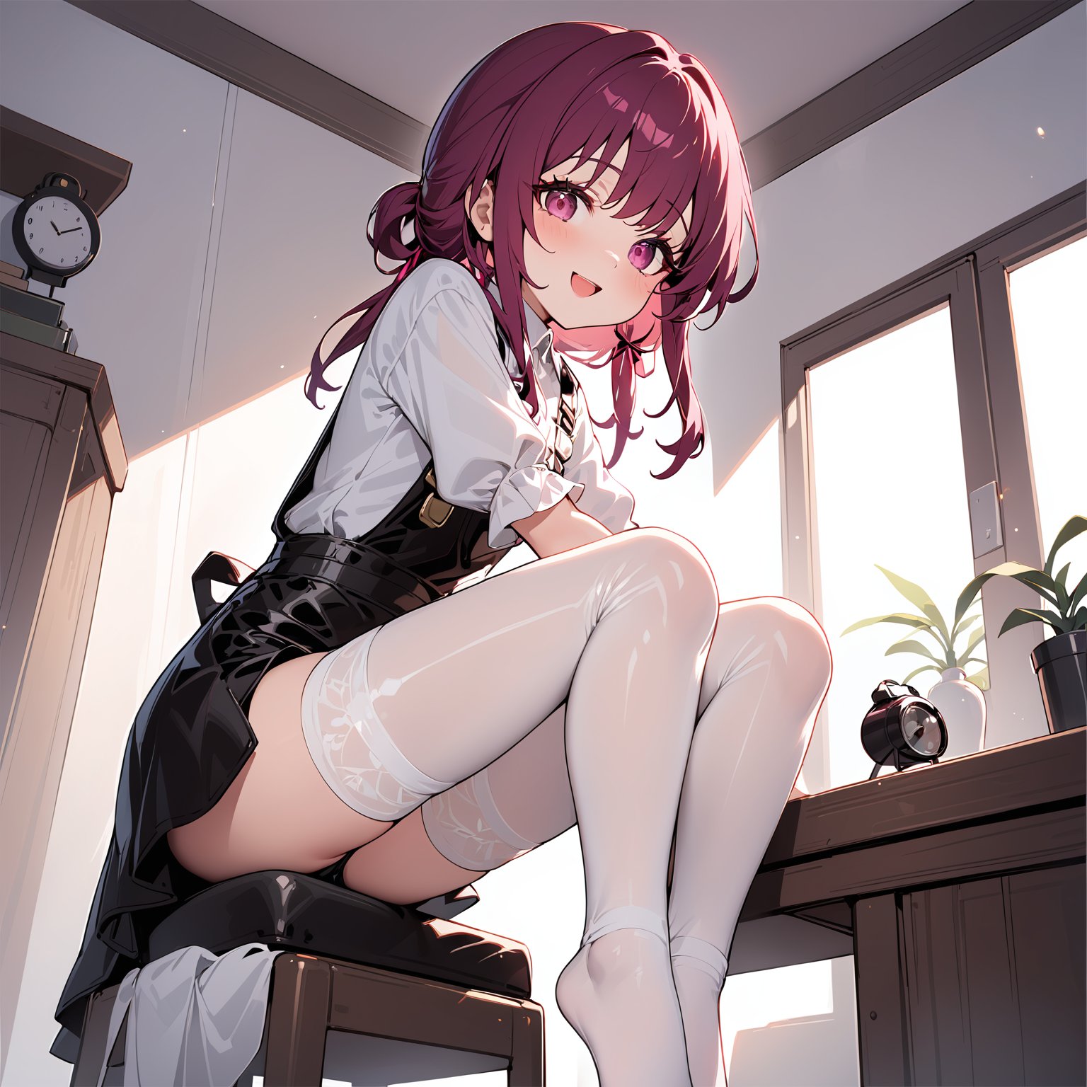 (masterpiece),(bestquality),nai3,(loli),1girl,solo,Kafka,(Honkai: Star Rail),open her mouth,smile,white silk stockings,full-body lens,bare foot,nice foot,five toes,Safe dress,suitable for all ages,popular grade,Sit on the table,raise her feet,safety level,Warm tone,The overall withdrawal shows a lovely style,Keep your feet together,long hair,