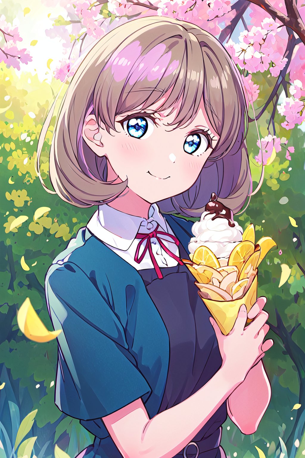 (best quality, masterpiece:1.2), 1girl, solo, (upper body:1.2), light on face, standing, lens flare, smile, looking at viewer, cute, sunrise, spring, <lora:A_Tang Keke WSU:0.9> tang keke, close up, closed mouth, (ice cream cone:0.8), 