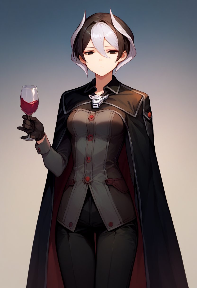 score_9, score_8_up, score_7_up, solo, 1girl, ozen, expressionless, looking at viewer, holding wine glass, black cape, black jacket, long sleeves, black gloves, black pants, whistle <lora:madeinabyss_ozen_ponyXL-04:1>