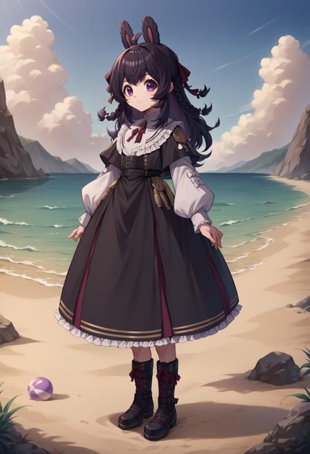 score_9, score_8_up, source_anime, PippaAlt, purple eyes, black hair, long hair, braid, ahoge, hair ribbon, black pinafore dress, long puffy sleeves, red neck ribbon, frills, black boots, outdoors, beach, standing, <lora:ChamPippaPipkinPonyXL-000008:1>