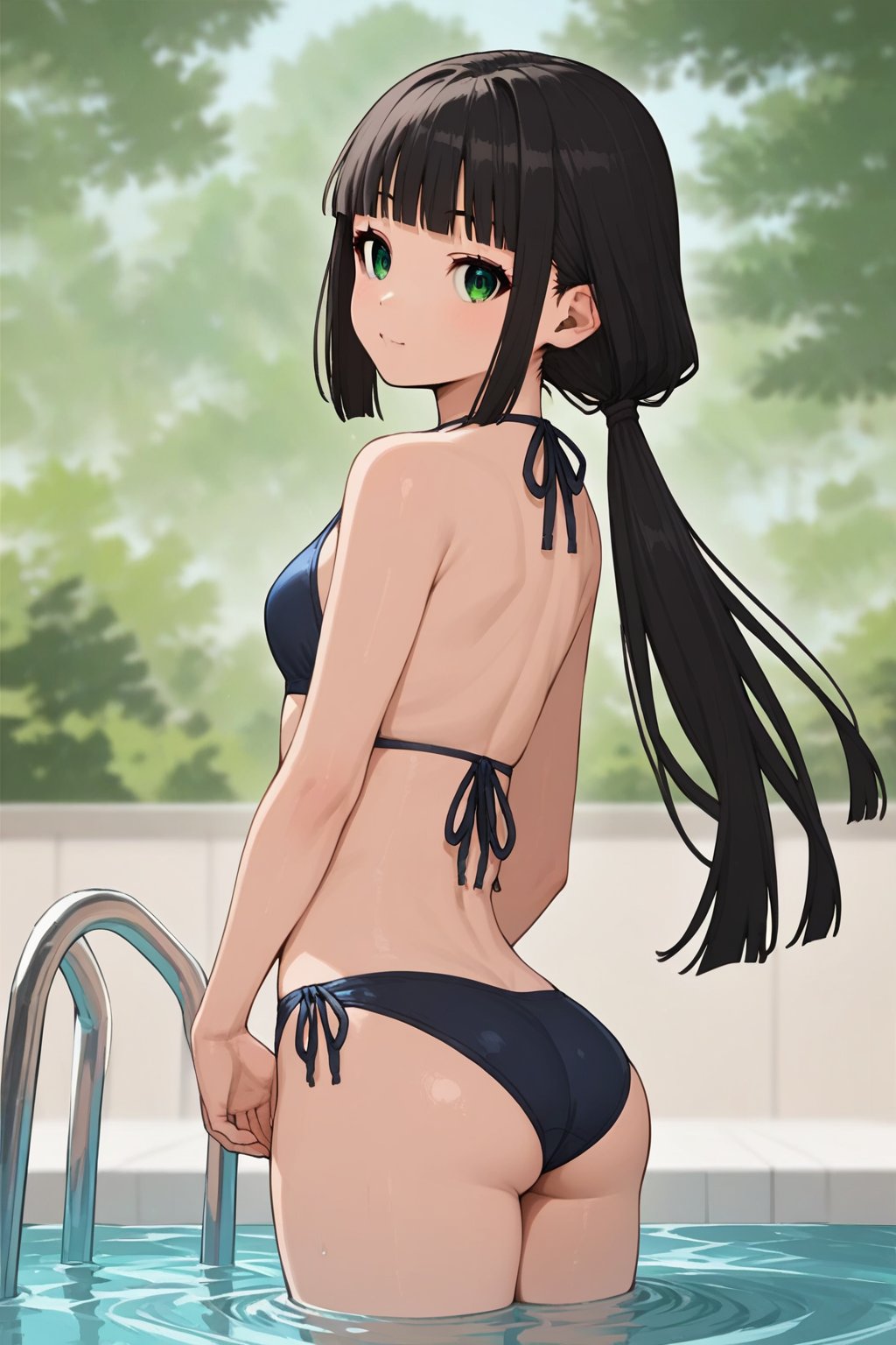 score_9, score_8_up, score_7_up, score_6_up, score_5_up, score_4_up, source_anime, shizuku_nige, black hair, blunt bangs, green eyes,ponytail,1girl, solo, pool, swimsuit, water, ver long hair, bikini, ass, looking back, low ponytail,masterpiece, perfect face, best quality, beautiful girl, blurry background, cute girl, beautiful eyes, shiny eyes, perfect body, <lora:cqpfkp5e878c738ookog:1>