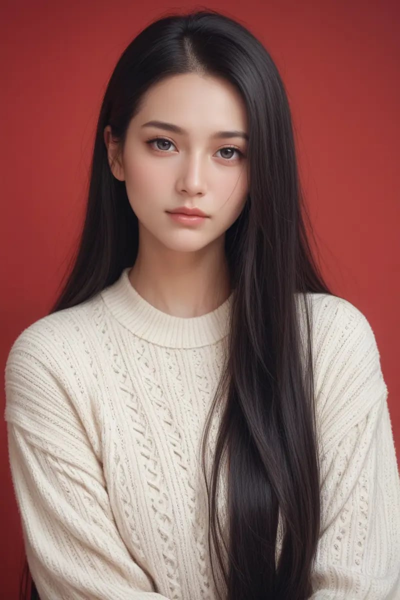 ,score_9,score_8_up,score_7_up, 20 years old, 8k, hd, beautiful girl, black hair, very long hair, straight hair, closed mouth,1girl, detailed face, beautiful woman's face, sweater, red background, looking at viewer,