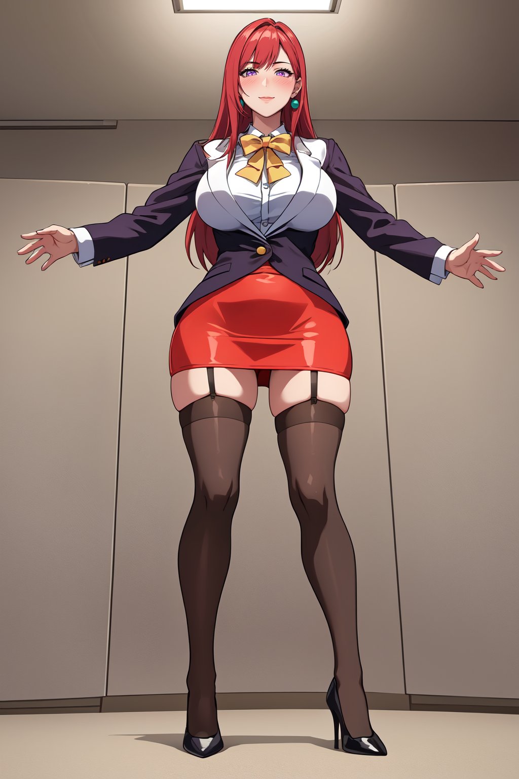 (high quality:1.2), intricate detailed, digital art,TakashiroHiroko, 1girl, mature female, solo, milf, (full body:1.1), looking at viewer, looking down, standing, spread legs, outstretched arms, (incoming hug:1.3), reaching towards viewer, (from below:1.1),looking at viewer, blush, horny, naughty face, flirting, seductive smile,purple eyes, long hair, red hair, earrings, jewelry,teacher, blouse, bowtie, blazer, (pencil skirt:1.1), thighhighs, high heels, garter straps,curvy, large breasts, school, <lora:TakashiroHirokoV2:0.85>