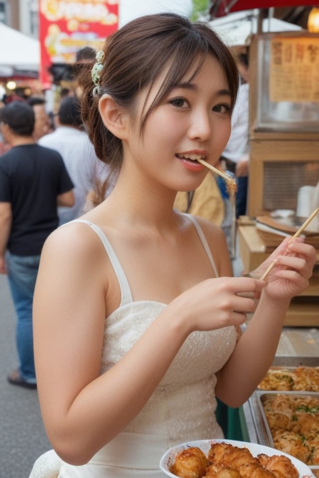 (vivid:1.2), HDR, 20yorealistic photo of a Japanese woman,"A wedding dress featuring meaningful cultural or family heirlooms.""A bustling Japanese summer festival. A woman savors a bite of takoyaki, her eyes sparkling with delight. Festival stalls filled with delicious treats line the street, their aromas mingling with the laughter and music of the crowd."