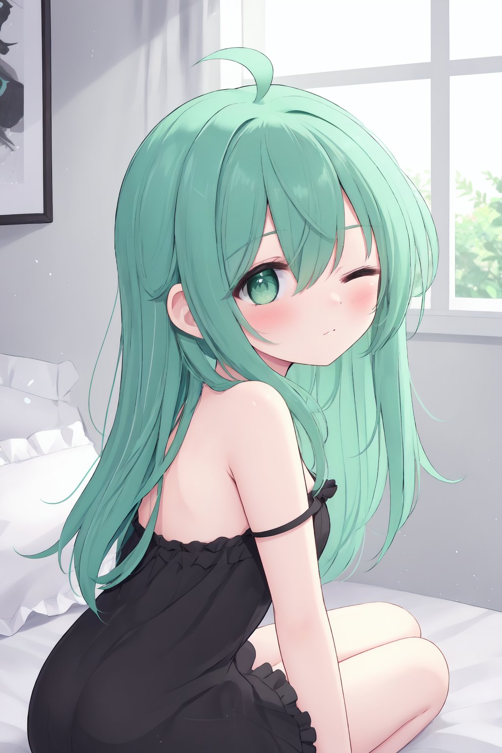 1girl,solo,one eye closed,long hair,ahoge,green hair,green eyes,black dress,window,bangs,hair between eyes,blush,closed mouth,looking at viewer,bare arms,bed sheet,frills,strap slip,looking to the side,waking up,depth of field,hand up,blurry background,indoors,from side,sitting,