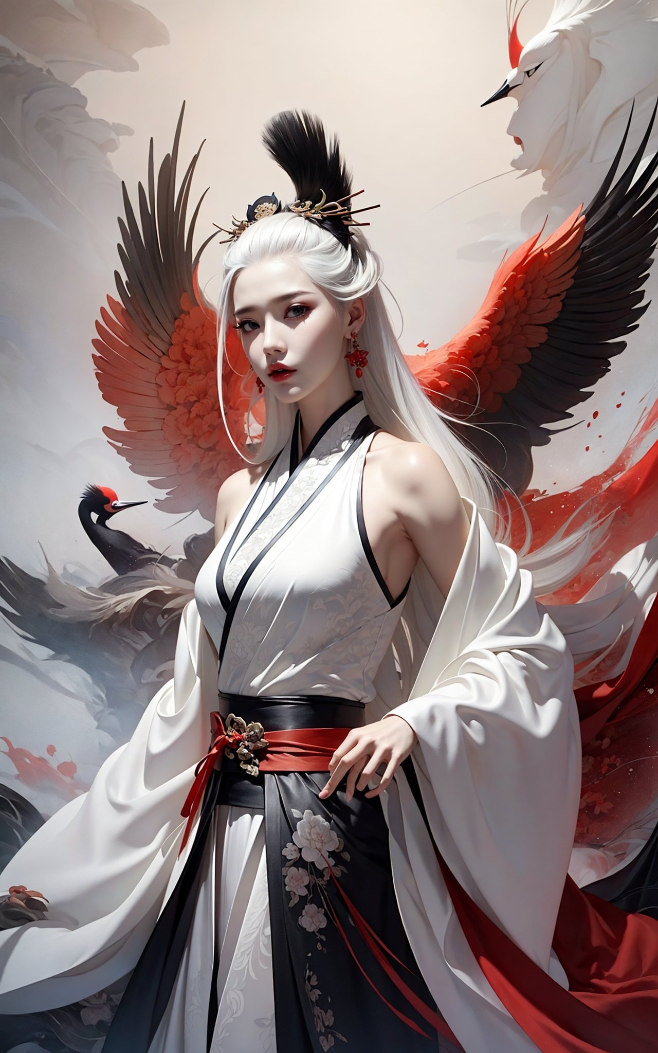 Ink painting, ink painting, splash-ink, ink splash, calligraphy, Chinese characters, Chinese character background，(Red crowned crane:1.2)，1girl，White hair, Hanfu,upper body，A shot with tension，(sky glows red,Visual impact,giving the poster a dynamic and visually striking appearance:1.2),Chinese Zen style,impactful picture,<lora:绪儿-鹤 Red crowned crane:0.8>