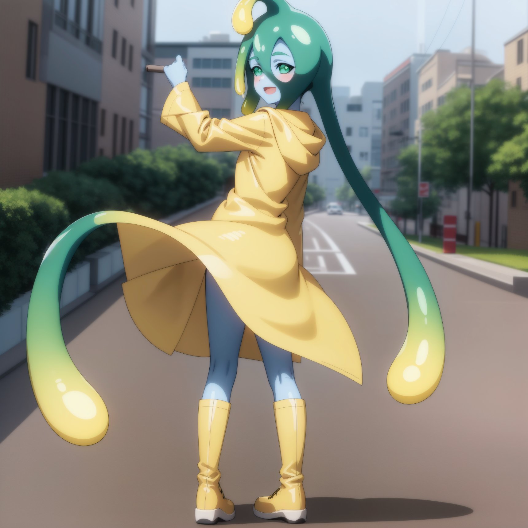 <lora:Suu:1>anime coloring,city,raincoat, rubber boots, yellow raincoat, green eyes, solo, tentacle hair, slime girl, boots, monster girl, blue skin, green hair, yellow footwear, colored skin, open mouth, ahoge, long hair, full body, very long hair, blush, smile, looking back,from behind, 