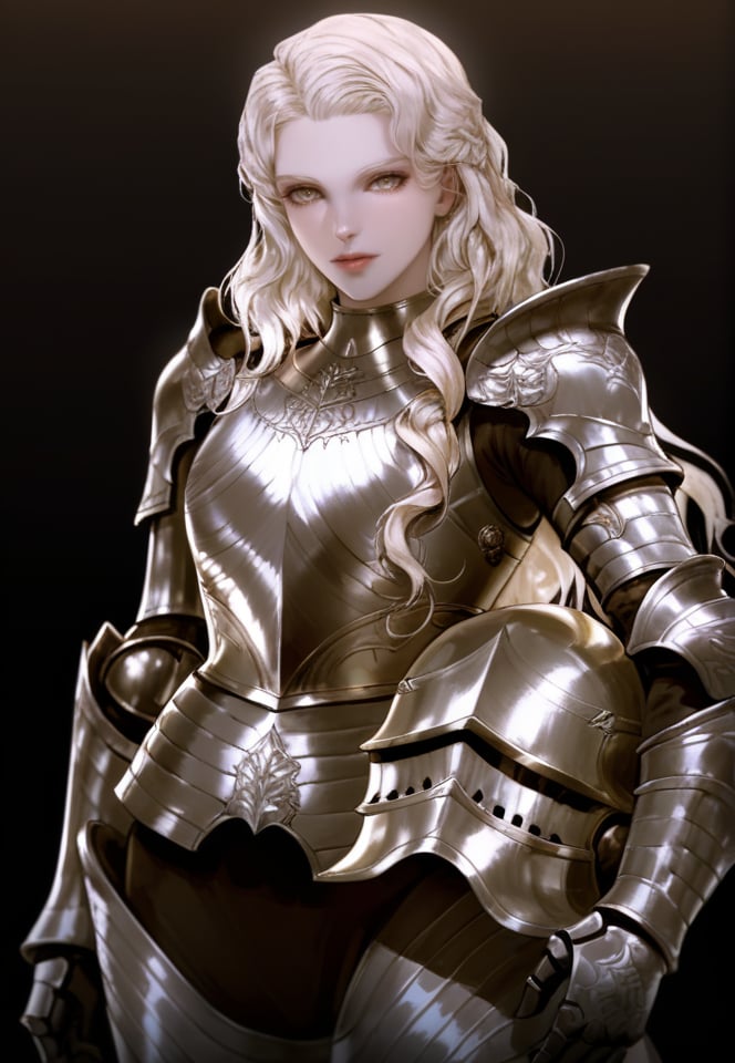 (best quality), ((masterpiece)), (highres), illustration, original, extremely detailed, <lora:美の欲:0.7>1girl, armor, solo, holding helmet, long hair, helmet, helmet removed, headwear removed, holding, gauntlets, plate armor, shoulder armor, white hair, black background, pauldrons, looking at viewer, breastplate, pale skin, vambraces, lips, cowboy shot, knight