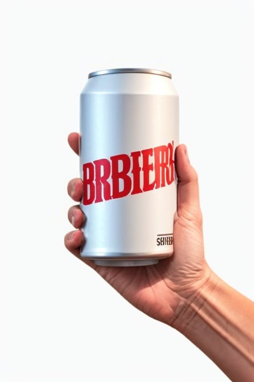 a hand holding a white can of beer., White background