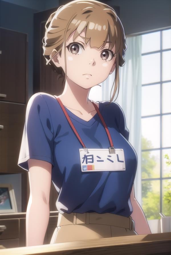 hinatamiyake, <lora:hinata miyake s1-lora-nochekaiser:1>,hinata miyake, short hair, brown hair, (brown eyes:1.5),BREAK shirt, short sleeves, uniform, blue shirt, name tag, id card, employee uniform,BREAK indoors,BREAK looking at viewer,BREAK <lyco:GoodHands-beta2:1>, (masterpiece:1.2), best quality, high resolution, unity 8k wallpaper, (illustration:0.8), (beautiful detailed eyes:1.6), extremely detailed face, perfect lighting, extremely detailed CG, (perfect hands, perfect anatomy),