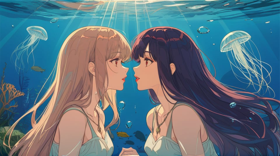 (best quality), ((masterpiece)), (highres), illustration, original, extremely detailed,  <lora:城静时光茶香美:0.7>jellyfish, multiple girls, 2girls, long hair, underwater, looking at another, air bubble, yuri, bubble, submerged, jewelry, lips, necklace, fish, parted lips, sunlight, red lips