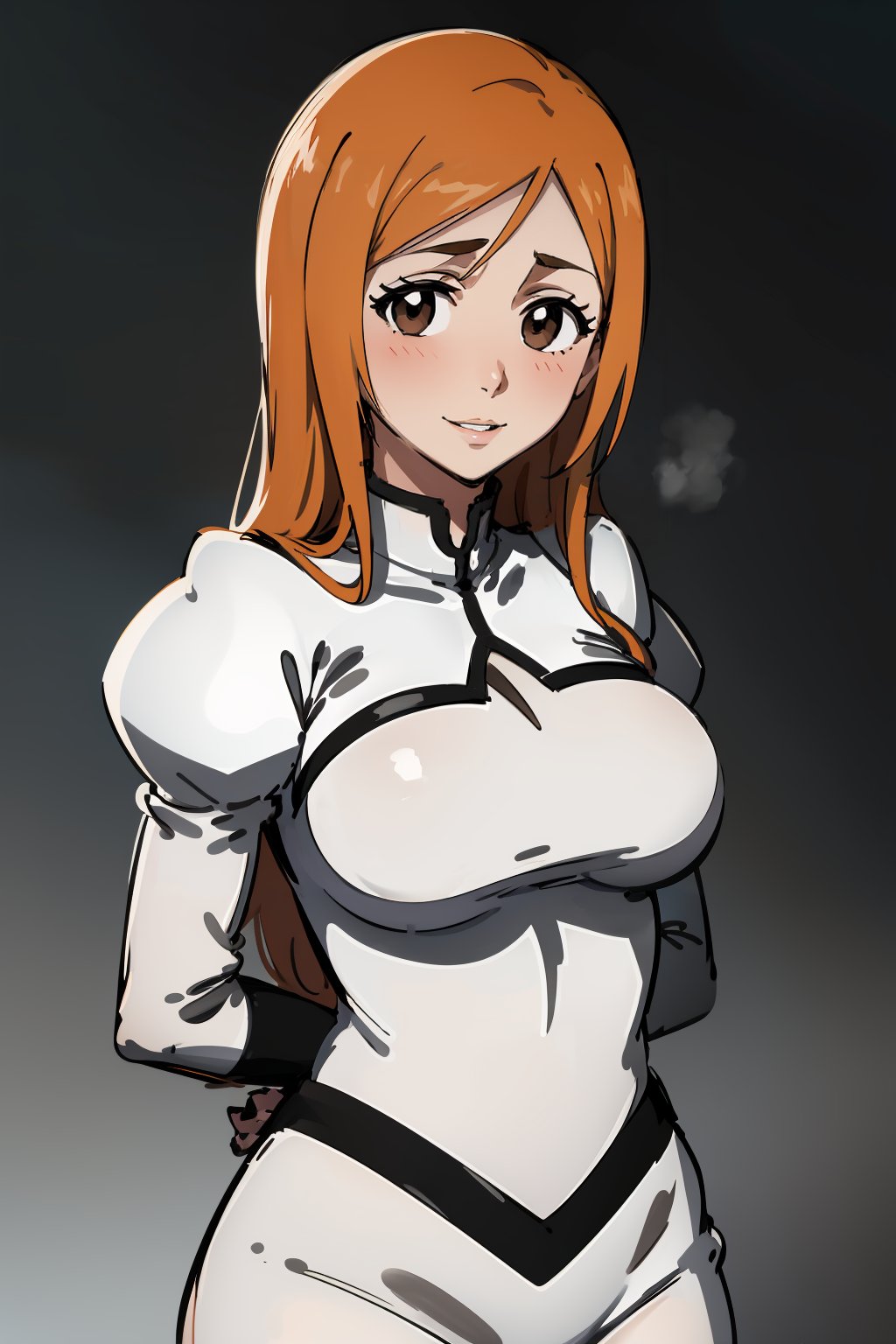 masterpiece,high quality,highres,1girl,solo,large breasts,<lora:orihime-v4-wasabiya:1>,orihime,orange hair,white uniform,long hair,arms behind back,blank eyes,smile,blush,brown eyes,