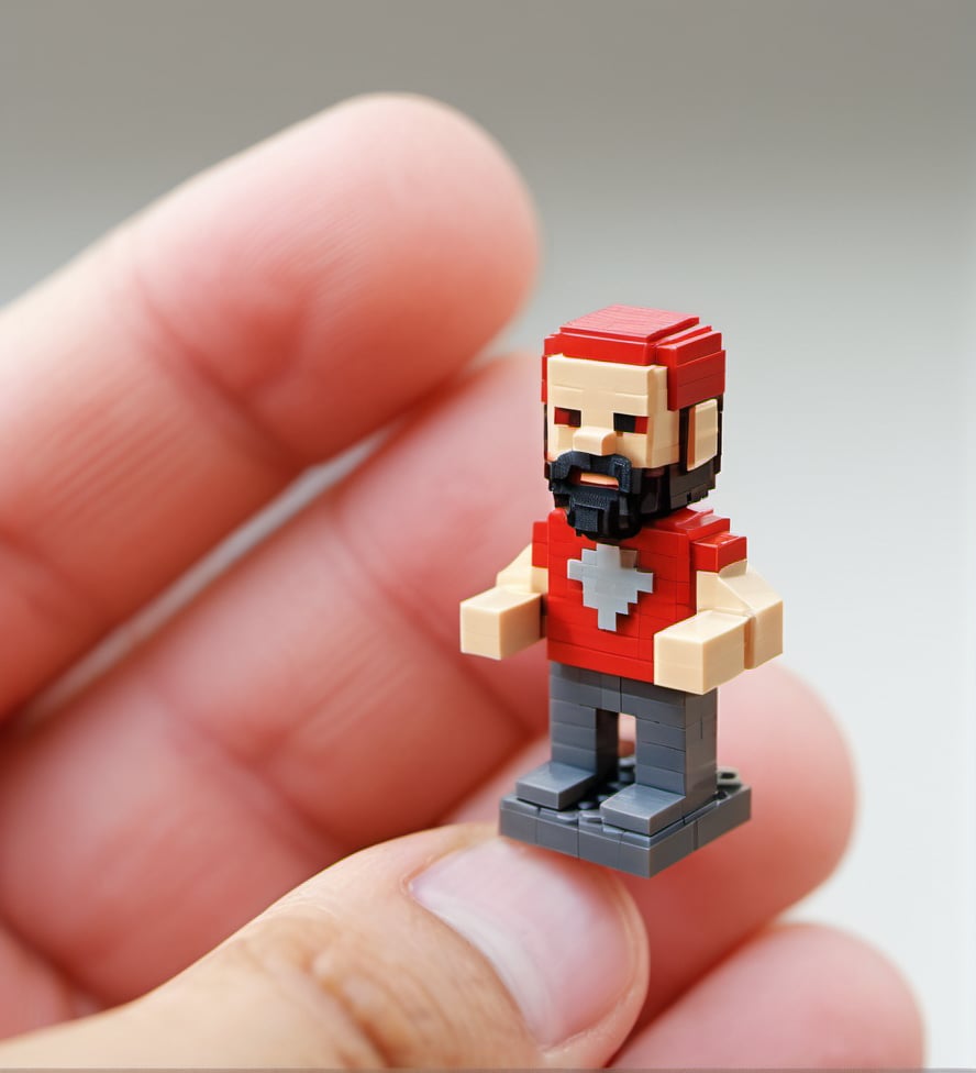 Lego pixel art,isometric,pixel art,figurine,hand,fingers,close-up,toy,retro,blocky,male character,red shirt,beard,3d model,miniature,detailed,creative,handheld,playful,game-inspired,digital art style,focus on foreground,tiny,nostalgic,intricate,personal scale,craftsmanship.,<lora:微型像素-000009:0.6>,Hold the model in your hand,