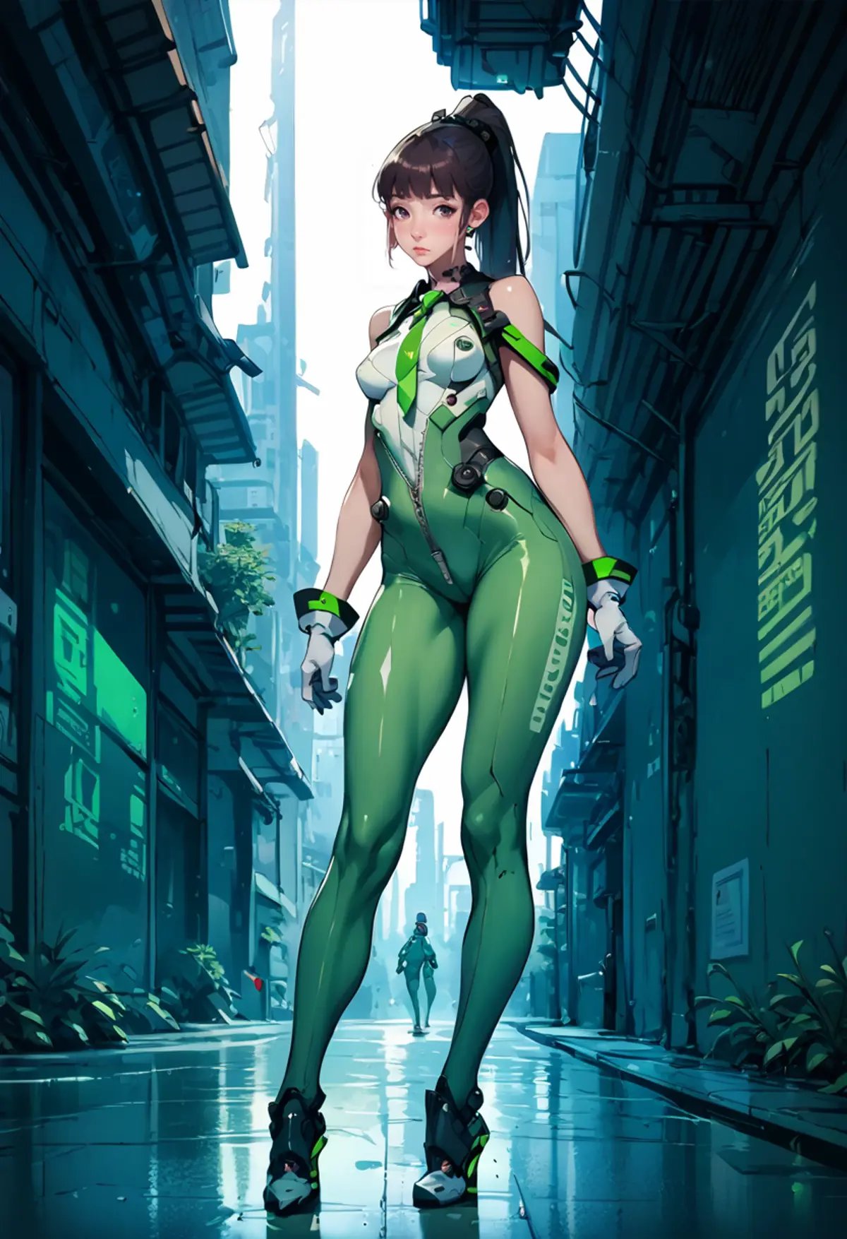 score_9,score_8_up,score_7_up,score_6_up,score_5_up,score_4_up,1girl,solo,full body,ruanyi0530,bare shoulders,android,black choker,bodysuit,zipper,green necktie,mechanical parts,sleeveless,white gloves,green necktie,see-through,green bodysuit,high ponytail,standing,outdoors,,<lora:0515 Stellar Blade Battle Suit 3_v2_pony-000003:1>