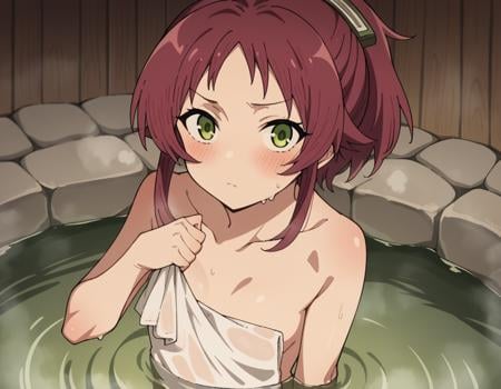 score_9, score_8_up, score_7_up, source_anime,aishagreyrat, <lora:aisha-greyrat-s2-ponyxl-lora-nochekaiser:1>,aisha greyrat, green eyes, ponytail, red hair,nude, naked, small breasts,outdoors, onsen, towel, naked towel, steam, bathing, nude cover, partially submerged, water, bath, steam censor, wet towel, blush,solo, dutch angle, looking at viewer, cowboy shot,