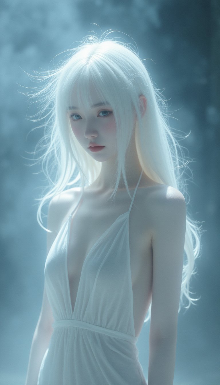 A white-haired girl stands gracefully at the center of a misty scene,enveloped in soft lighting that accentuates the serene beauty of her delicate features. Her flowing white hair catches the gentle,diffused light,creating a soft,ethereal glow around her. The intricate texture of her skin is visible,with finely detailed pores enhancing her lifelike presence. A subtle film grain effect lends the image a cinematic quality,adding depth to the serene moment.,Surrounded by an almost otherworldly mist,the girl’s figure exudes calm and tranquility. Low-key lighting enhances the mysterious atmosphere,