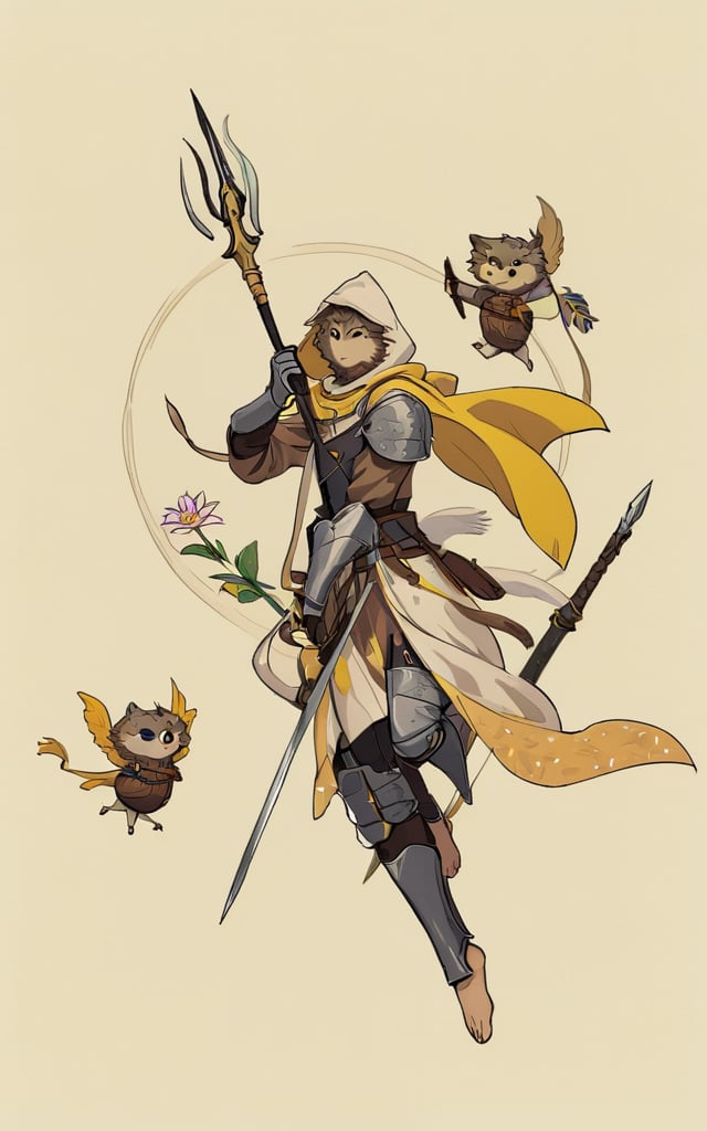 comic_style,children's_painting_style,((weapon)),polearm,sword,spear,armor,holding weapon,holding,hood,simple background,holding sword,multiple boys,yellow background,flower,1boy,flying,male focus,floating,no humans,beige background,long sleeves,circle,1other,gloves,gauntlets,multiple others,leaf,bird,barefoot,parody,multiple furry boys,<lora:好吃米-儿童绘本:0.8>,