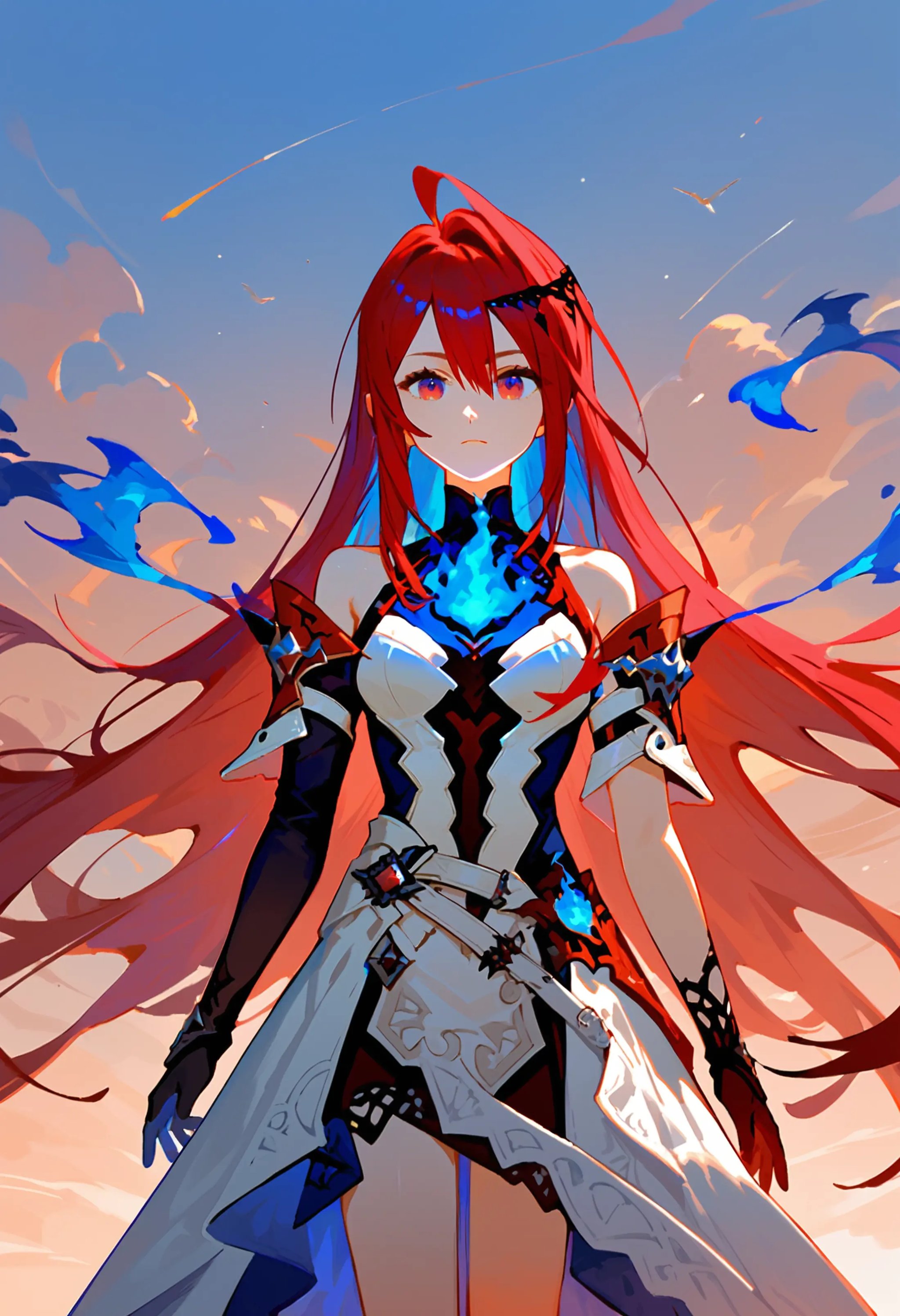 score_9, score_8_up, score_7_up, score_6_up, erb1, 1girl, long hair, bare shoulders, gloves, dress, blue fire, sleeves, cowboy shot, from front, outdoors, skyBREAK <lora:KitsuneAi_ERBloodflame-XL_DoRA-V2-000005:1>