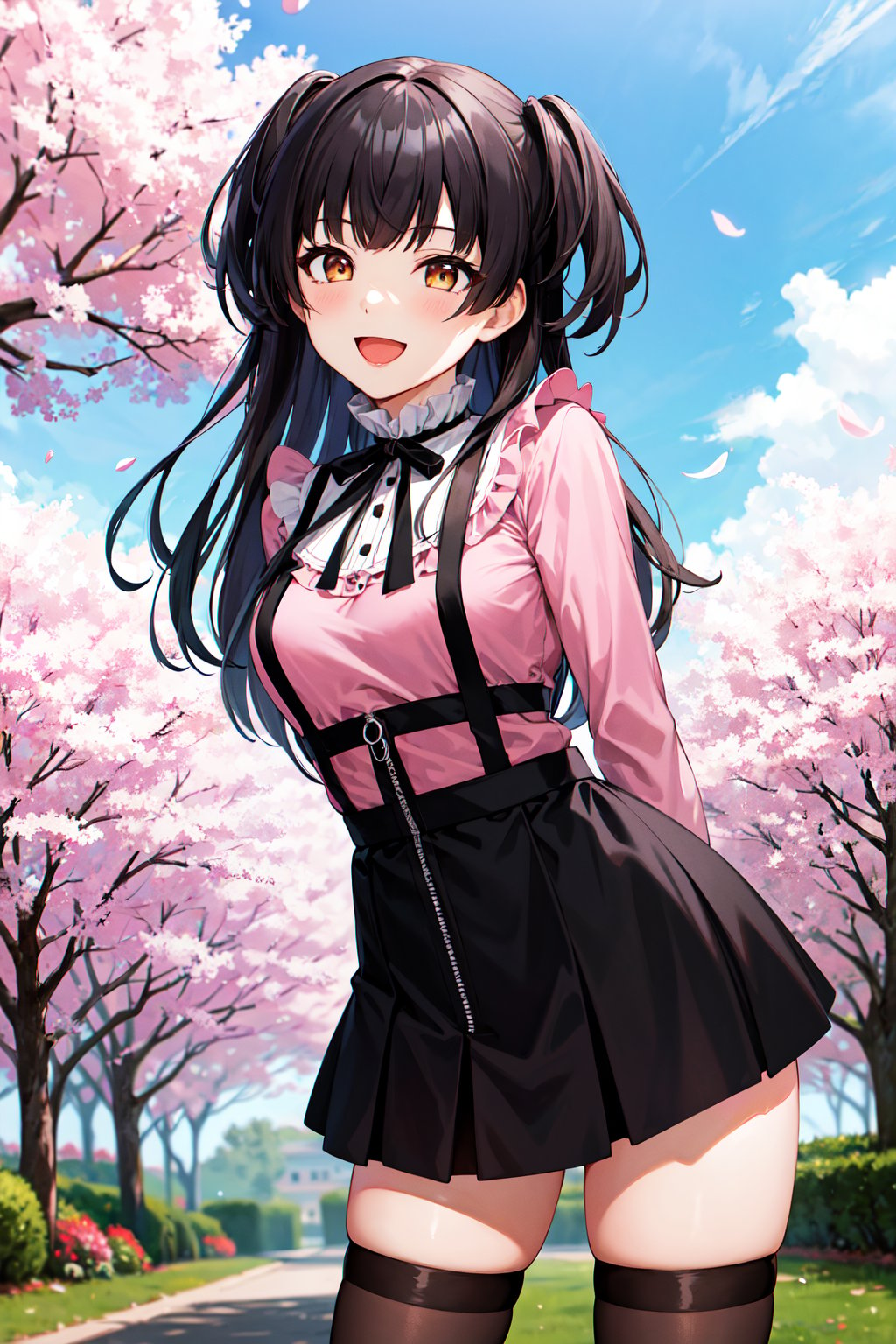 masterpiece, best quality, highres, aafuyuko, long hair, two side up, jirai kei, frills, neck ribbon, pink shirt, long sleeves, zipper, black skirt, black thighhighs, <lora:mayuzumi_fuyuko_v1:0.7>, arms behind back, cherry blossoms, outdoors, standing, cowboy shot, smile, open mouth, leaning forward, 