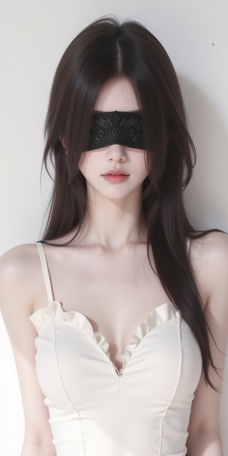 XSHDHa 3D rendering of a woman with long dark brown hair and a black blindfold on her forehead. She is wearing a white strapless dress with a ruffled neckline. Her left arm is draped over her left shoulder. Her right arm is positioned on the right side of the frame. Her eyes are closed and her lips are slightly parted. Her hair is cascading down her shouldersframing her face. The blindfold is adorned with a black design on it. The background is a stark white wall. <lora:lora.by_tusi (7):1>