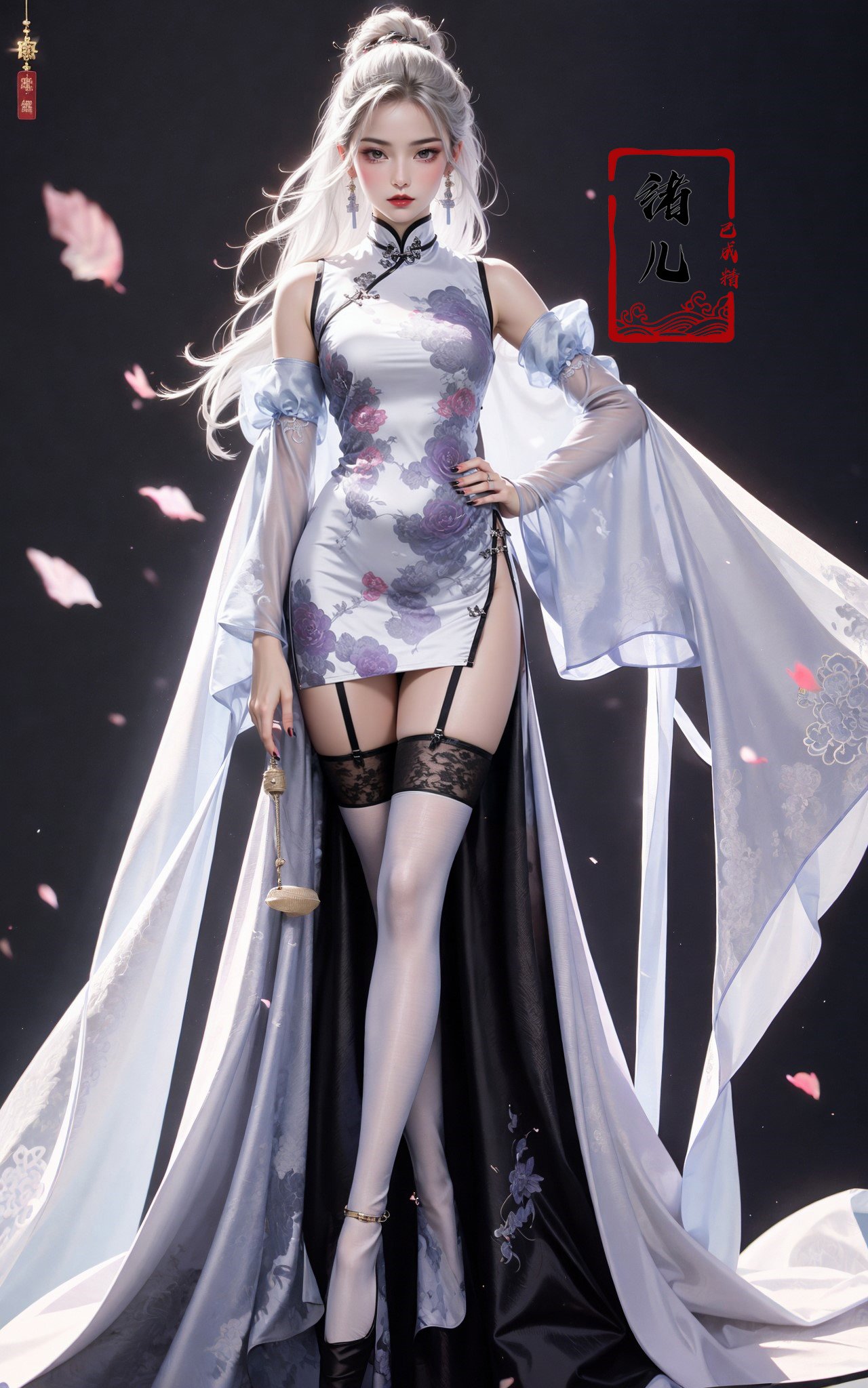 Black background,Fashion cheongsam，nail polish，lace trim，gradient，contrapposto，purple long dress，lace，red lips， (full body:0.7), white thighhighs,white hair，crossed legs，<lora:Fashion cheongsam_20231207093219:0.7>