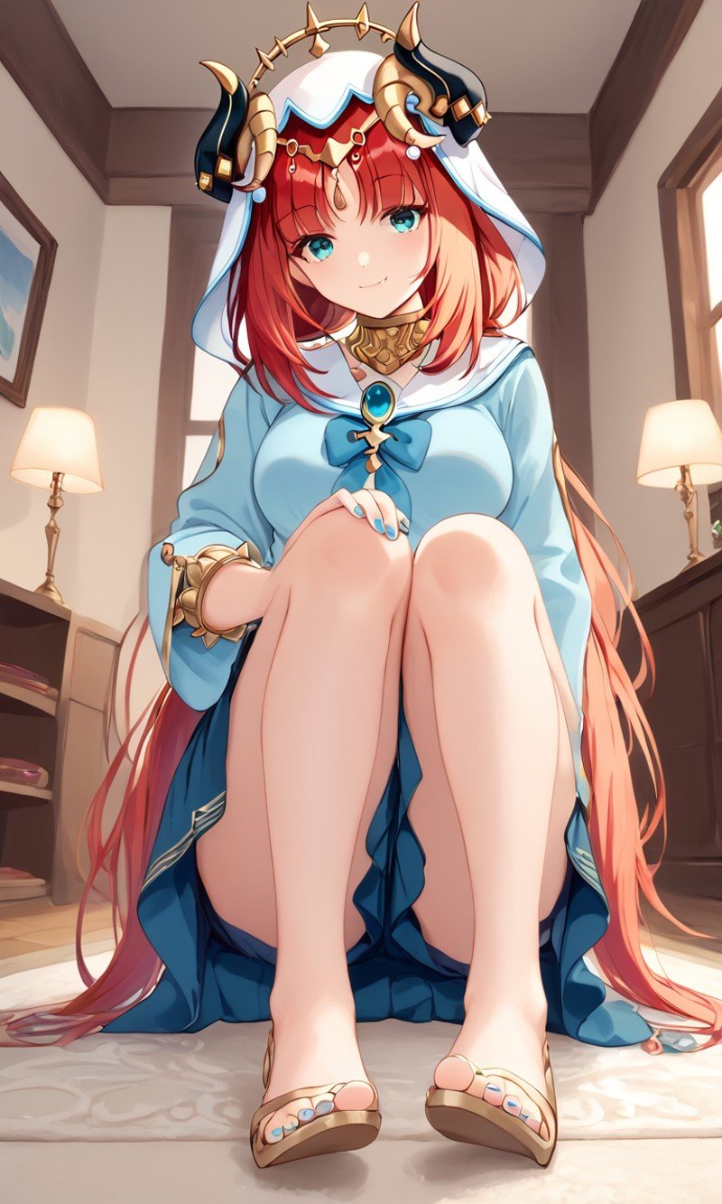 <lora:sdxl-gen-nilou-pony:0.8> gen-nilou, GenshinImpact, 1girl ,aqua eyes, eyeliner, orangered hair, shiny hair, horns, long hair, low twintails, parted bangs, sidelocks, medium breasts, blue nails, circlet, thighlet , neck ring, +++ sitting on stairs, stairs, from below, looking at viewer, fullbody, cinematic lighting, living room, sofa, Dining table, chairs, carpet, fireplace, ornamental foliage, dark blue serafuku,  dark white pleated skirt with long length skirt, , navy blue long sleeve, sweater  , smile, fang, 